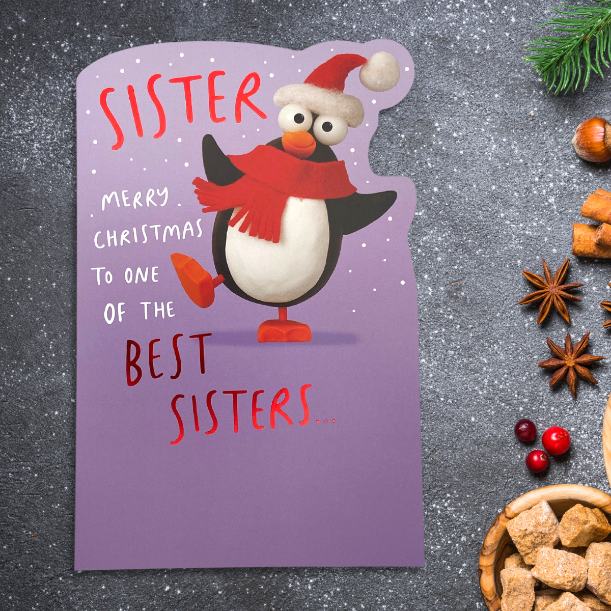 Front image of purple card with cartoon penguin in hat