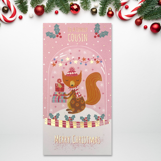 Slim pink card with fox & gifts inside snow globe