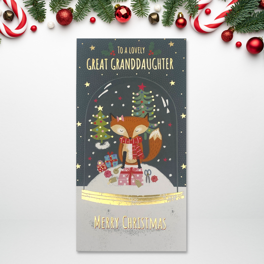 Slim grey card with fox and gifts in snowglobe