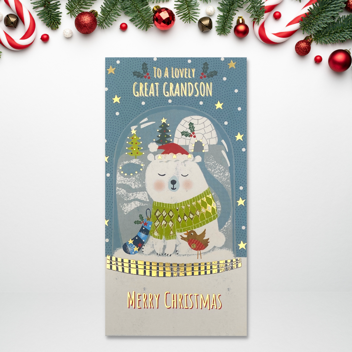 Slim blue card with cartoon polar bear in winter jumper