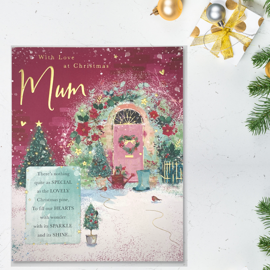 Large mum card with crimson theme, pink front door scene in the snow with verse