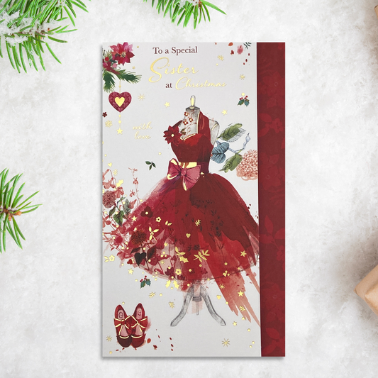 Sister card with red dress on mannequin