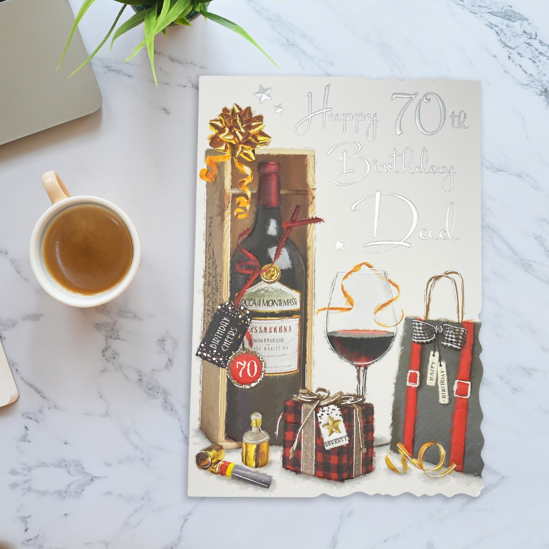 White card with red wine in presentation gift box with gift bag and party popper design