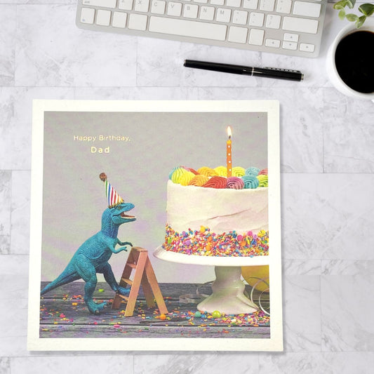 Dad Dinosaur Themed Birthday Card Displayed In Full