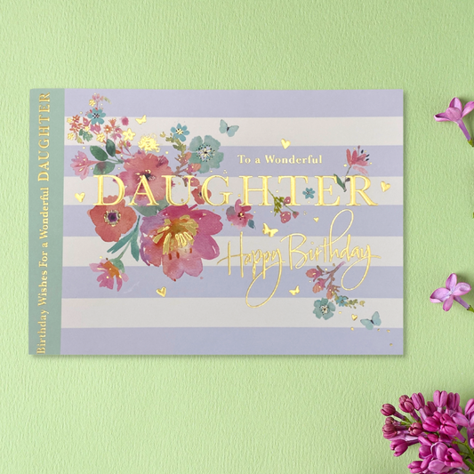 Front image with stripe design, floral watercolour details and gold foil text