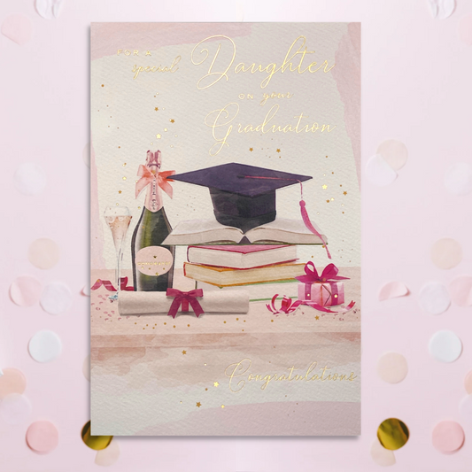Front image with pink watercolour design, stack of books, bubbly and mortar board. Gold foil text