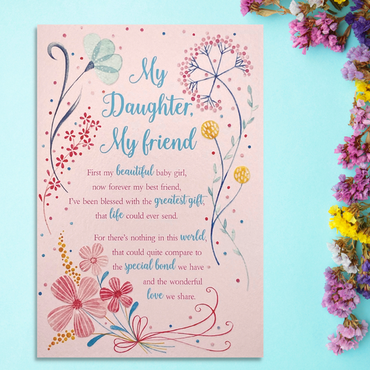 Front image showing pink card with colourful flowers and heartfelt verse