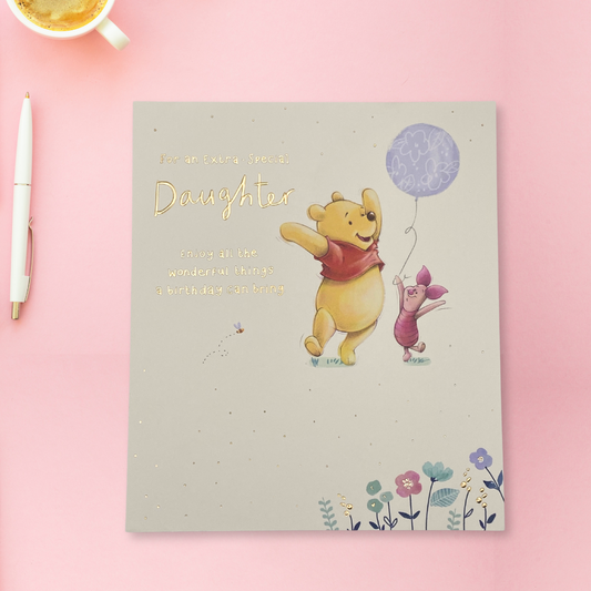 Cream square card with Winnie the Pooh and Piglet with lilac balloon