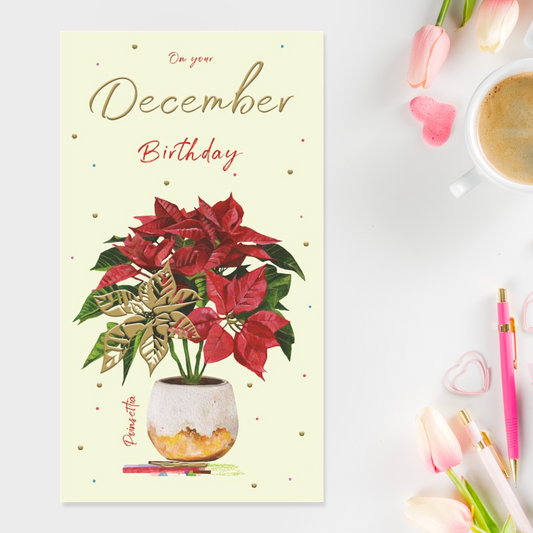 Slim card with Poinsettia plant and gold text