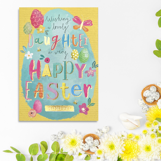 Bright yellow card with egg design and butterflies, with coloured text