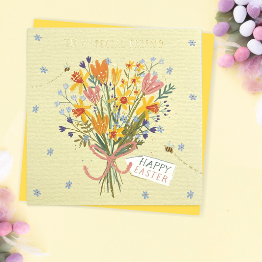 Square card with yellow floral bouquet and gold text