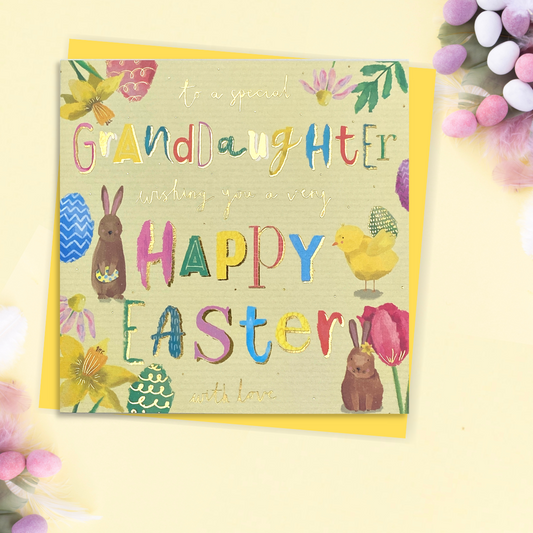 Yellow square card with bunnies and chicks amongst the flowers and eggs