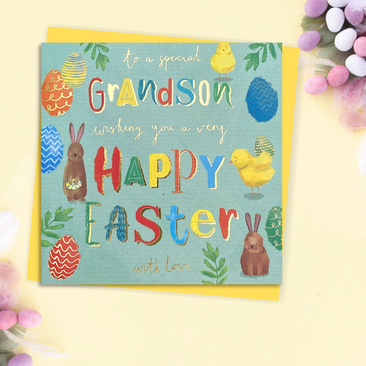Square card with bunny, chick and easter eggs with coloured text