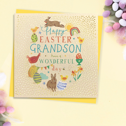 Square cream card with gold foil spotty border and bunnies and eggs