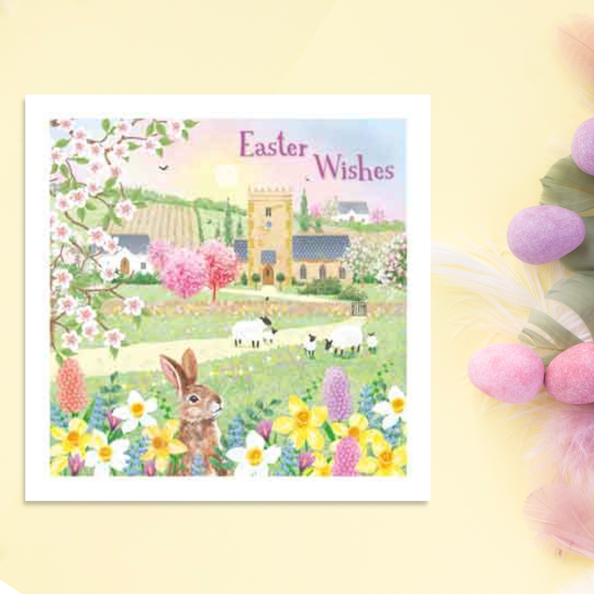 Square card with church scene, floral border and bunny 
