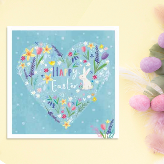 blue card with heart of flowers and bunny with white border