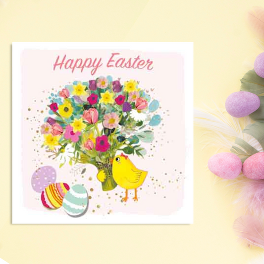 Square card with chick holding a bunch of flowers and easter eggs