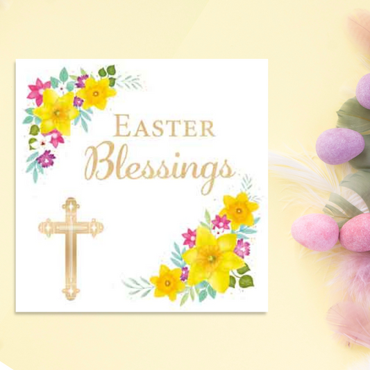 Square card with daffodil border and gold crucifix