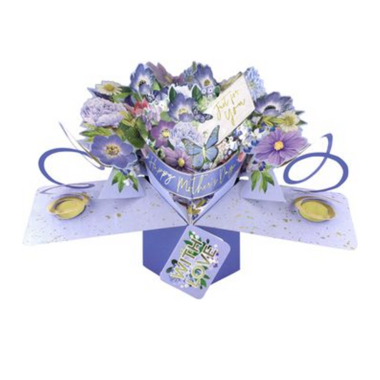 Pop up card with blue and purple flowers and banner
