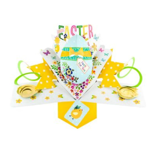 Pop Up Card with yellow and white theme and mint green decorated egg