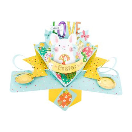 Pop Up Card with white bunny holding banner and eggs