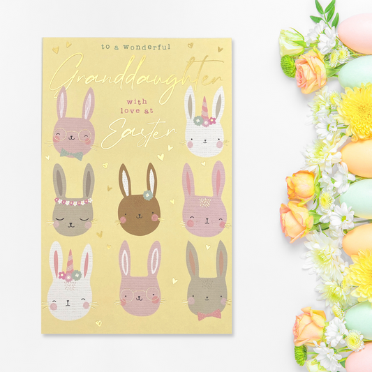 Yellow card with pink brown and white bunny faces