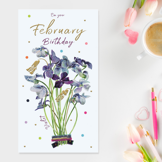 Slim blue card with Violets and gold text
