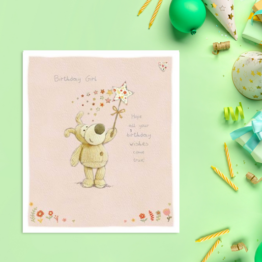 Birthday Girl Boofle Bear Greeting Card Displayed In Full