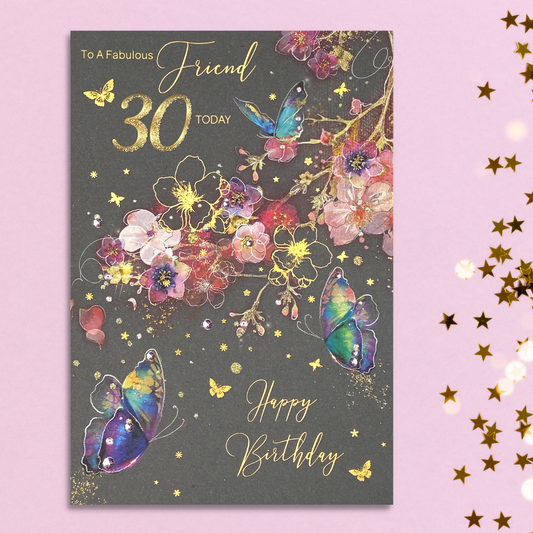 Friend 30th card with grey background and stunning blossom and butterflies in pink purple blue and gold