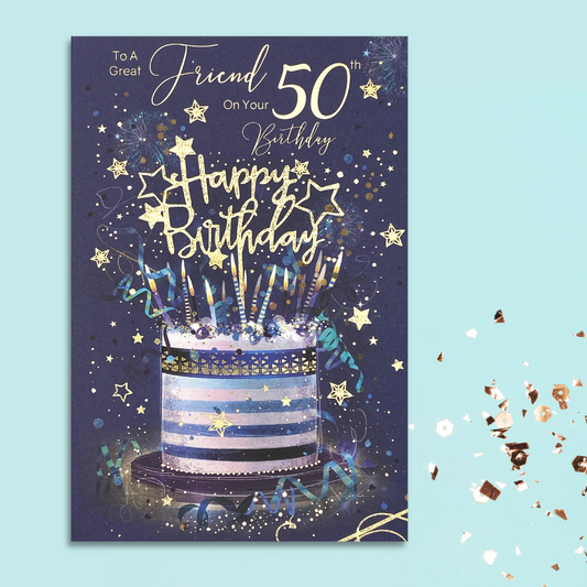 Friend 50th Card with decorated blue and white birthday cake with gold details