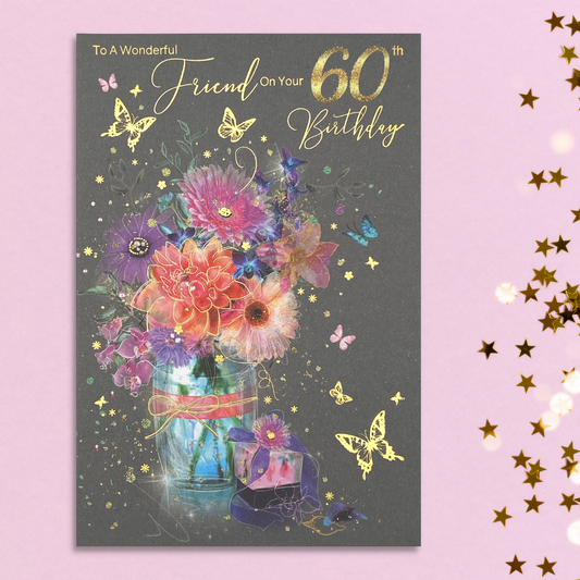 Friend 60th card with floral mason jar and butterflies with gold foil details
