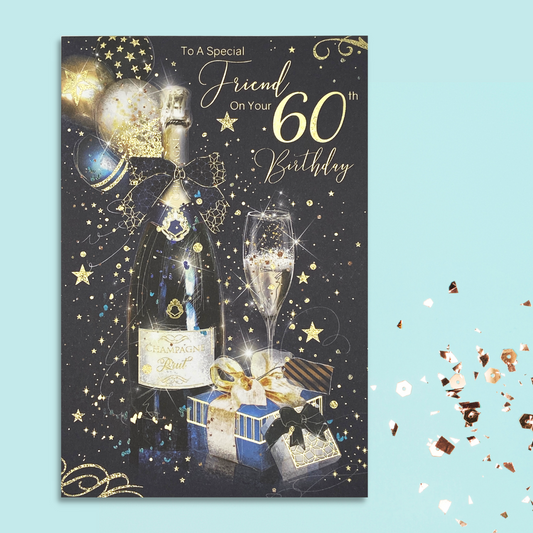 Friend 60th card with bubbly and gift design