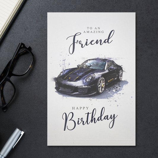 Striking sports car illustration on white card with script text