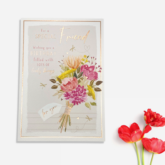 Pretty floral bouquet tied with tag, rose gold border and verse
