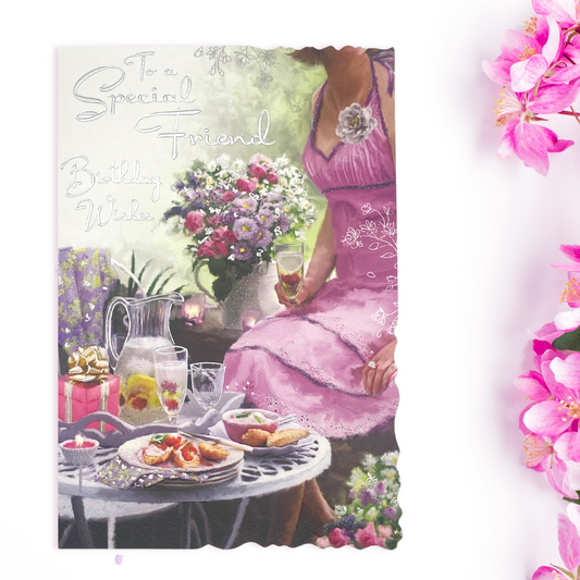 Lady in pink dress with birthday lunch surrounded by flowers