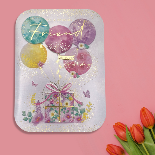 Lilac card with rounded edges and decoupage balloons