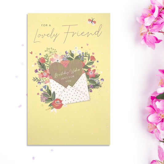 Yellow card with floral envelope and script text