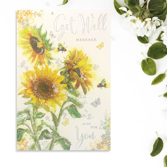 Front Image with sunflowers and bumble bees