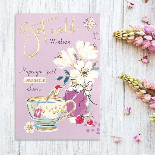 Lilac card with sketched teacup, vase and flowers