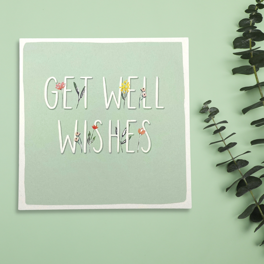 mint green design with floral text saying Get well soon