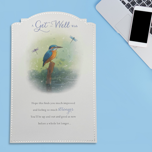 Front image of Get Well card with perched Kingfisher over water. Printed verse also