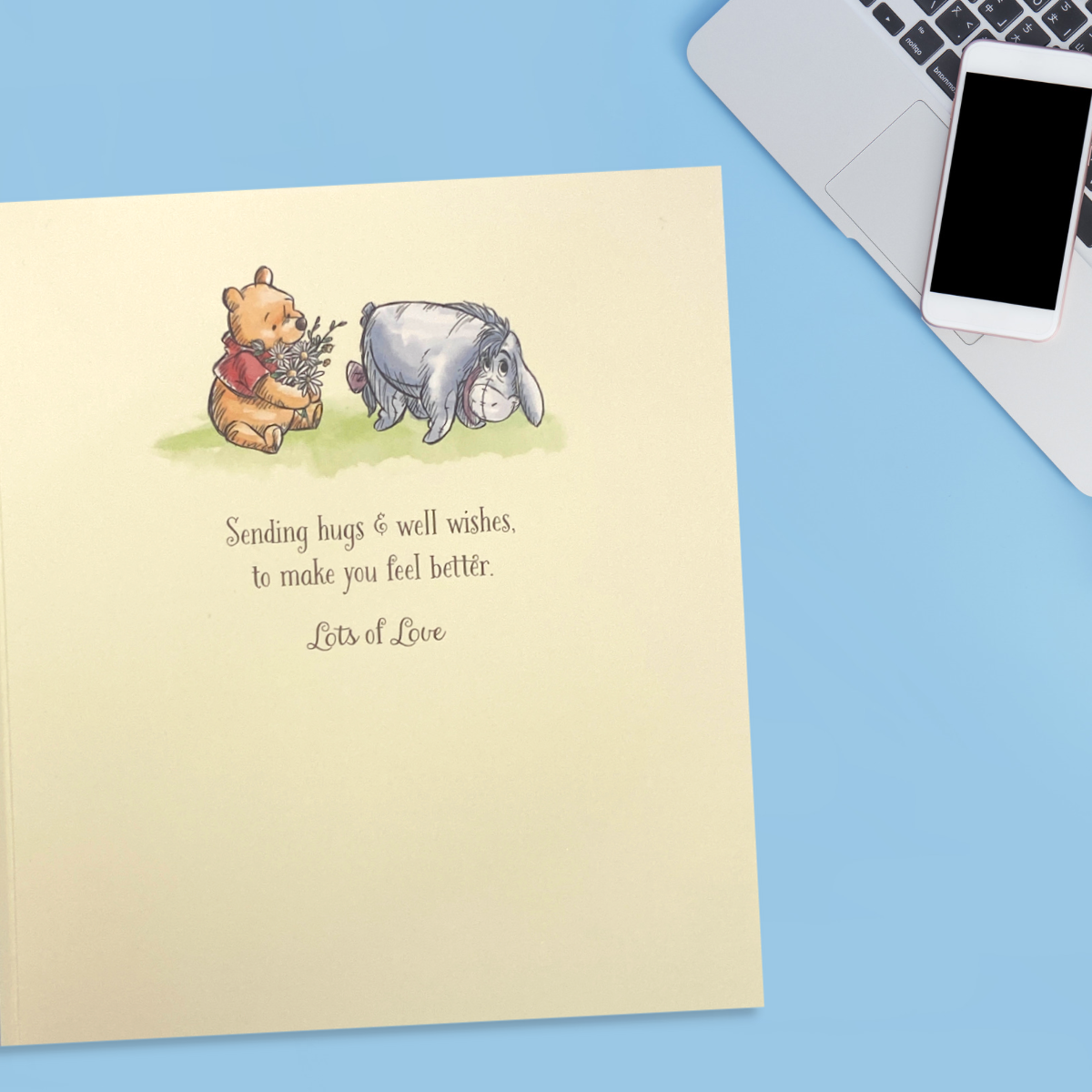 Inside image with colour print, winnie the pooh and eeyore with verse