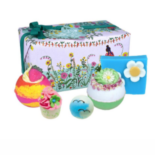 Mix of garden themed bath bombs in gift wrapped box with green ribbons