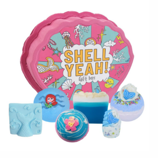 Pink Shell themed gift set with all mermaid and sea themed items packaged in a pink shell box