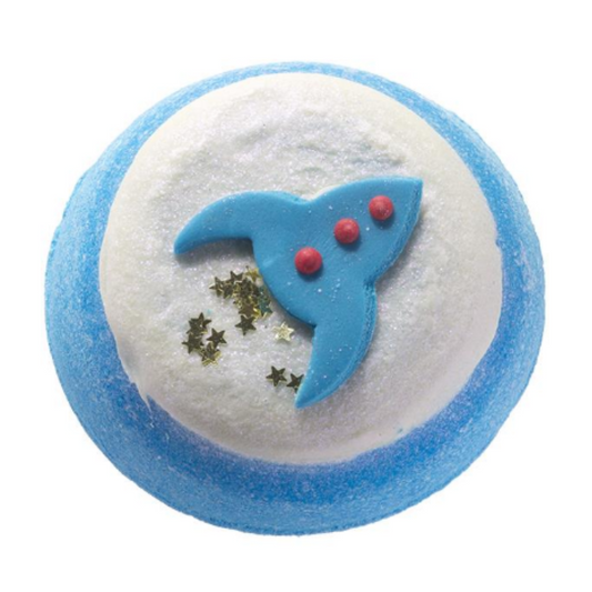 Blue and white bath bomb with blue rocket and gold stars
