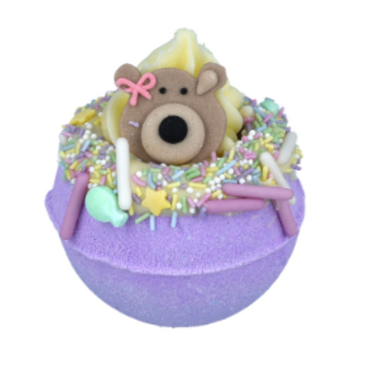 Purple and yellow bath bomb with teddy bear and confetti design