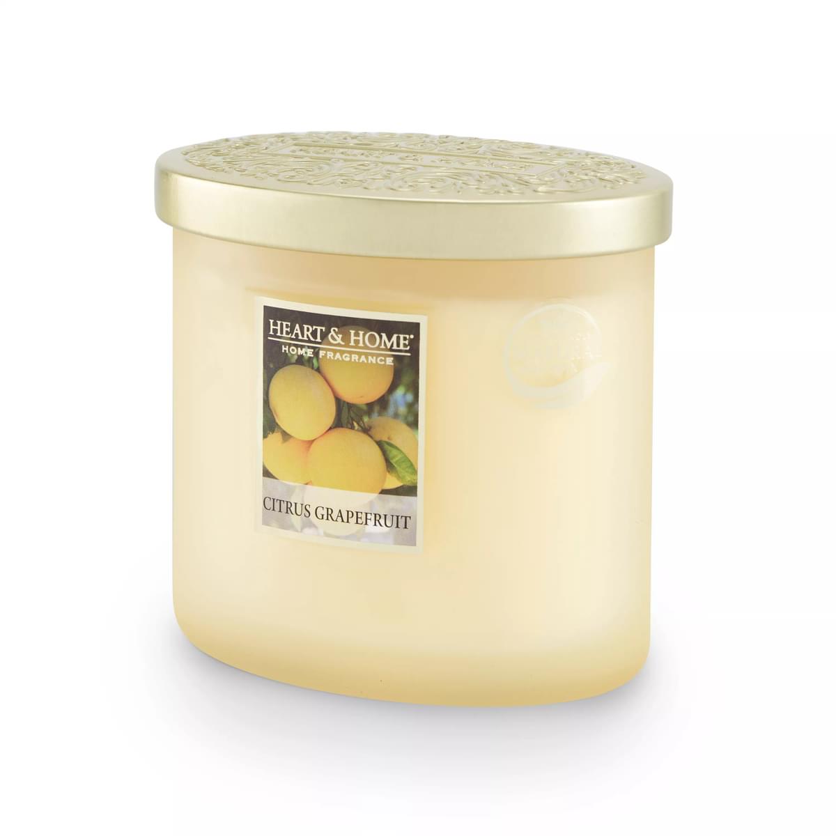 Lemon colour frosted glass ellipse shaped candle with gold embossed lid