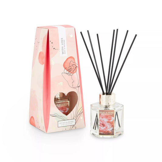 Pretty reed diffuser in floral design gift box with heart shape curt out design