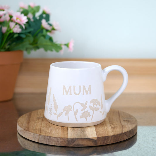 Cottage Garden Mum Mug Displayed On A Wooden Coaster