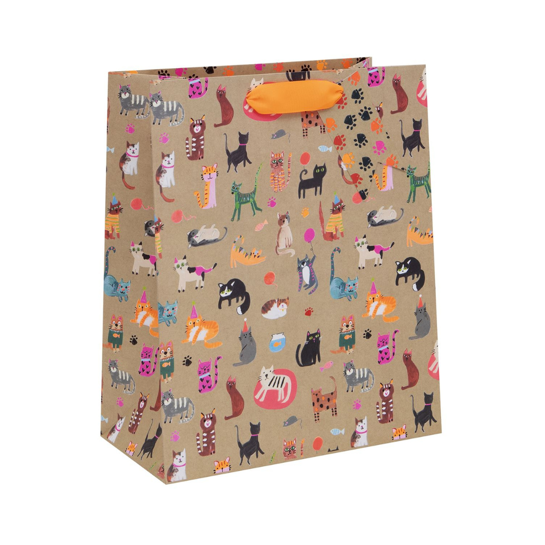 Brown kraft bag with neon cat sketches and bright orange handles